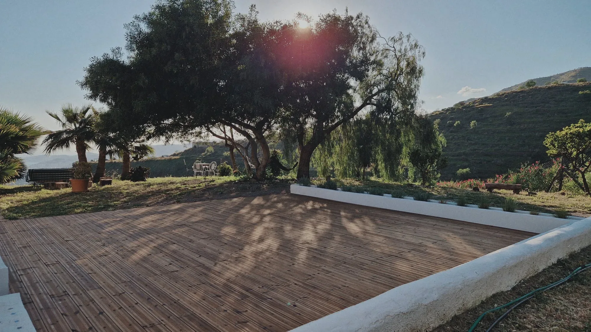 The wooden practice deck at sunset, framed by old olive trees